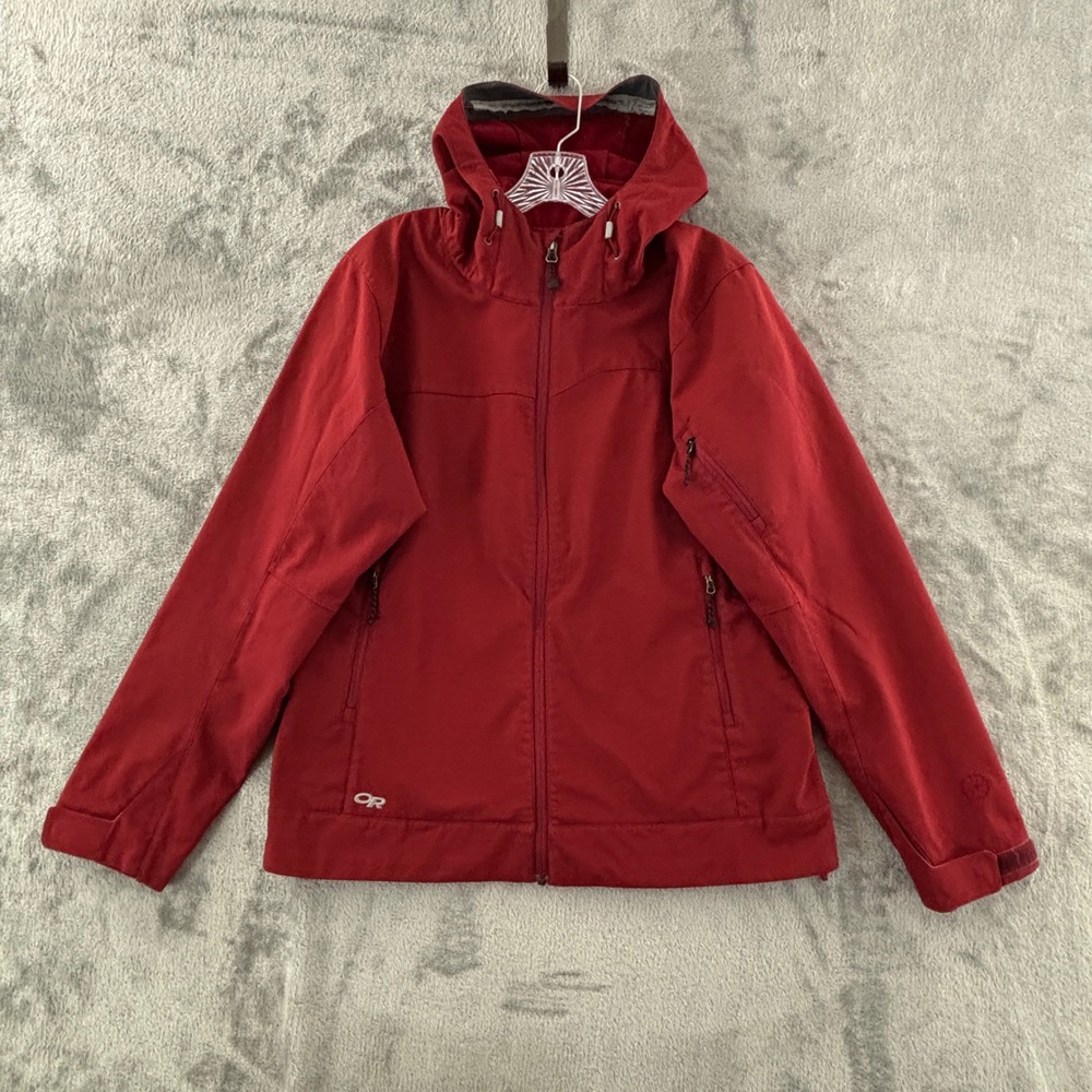 Outdoor‎ Research Hooded Zip Rain Jacket Womens L Red Pockets Windbreaker Coat